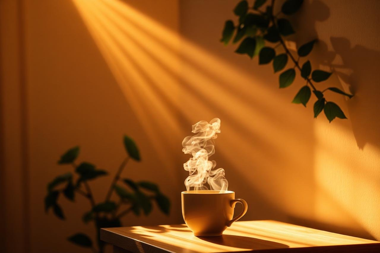 Luz da manhã atravessando uma parede clara com vapor subindo de uma xícara