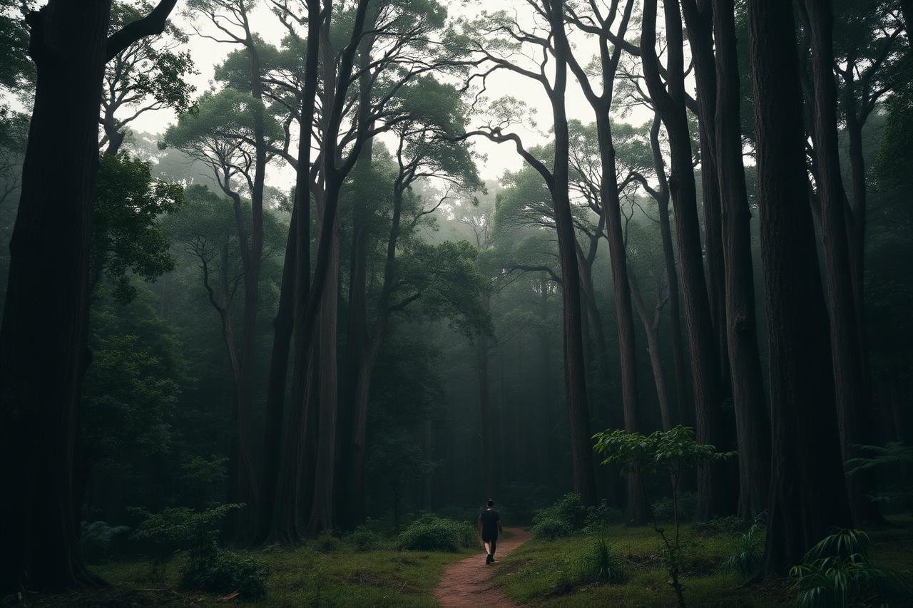 Floresta madura brasileira com trilha e caminhante ao fundo