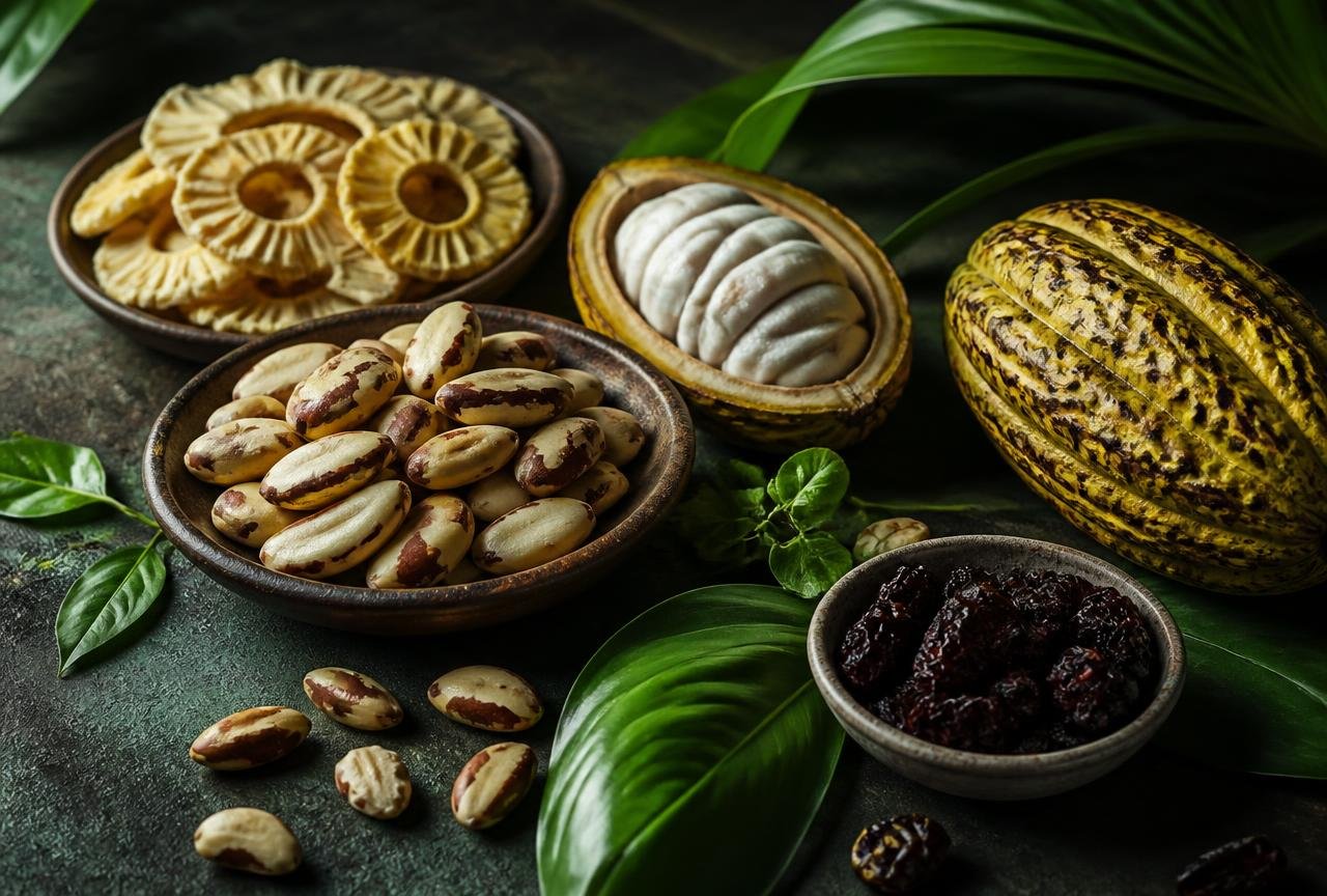 Composição de ingredientes naturais brasileiros sobre superfície de pedra escura