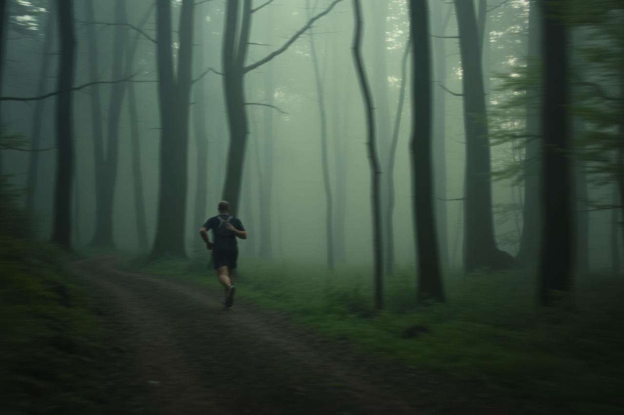 Corredor em trilha de floresta na neblina ao amanhecer